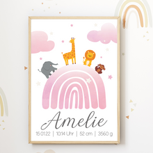 Laden Sie das Bild in den Galerie-Viewer, Regenbogen Safari Tiere Geburtsposter personalisiert | Babyposter Kinderposter Kinderzimmer Geschenk zur Geburt