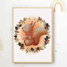 Laden Sie das Bild in den Galerie-Viewer, Eichhörnchen Waldtier Bild DIN A4 Kinderzimmer Wandbild Babyzimmer Poster Dekoration