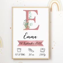Laden Sie das Bild in den Galerie-Viewer, Personalisiertes Geburtsposter Name Uhrzeit Größe Gewicht | Kinderzimmer Babygeschenk | Geburt Baby Poster