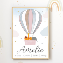 Laden Sie das Bild in den Galerie-Viewer, Geburtsposter personalisiert | Heißluftballon Safari Tiere Babyposter Kinderzimmer Bild Kinderposter