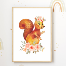 Laden Sie das Bild in den Galerie-Viewer, Eichhörnchen Blumen Bild DIN A4 Kinderzimmer Wandbild Deko Babyzimmer Poster