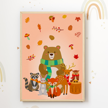 Laden Sie das Bild in den Galerie-Viewer, Waldtiere im Herbst Bild DIN A4 Kinderzimmer Wandbild Babyzimmer Poster Dekoration