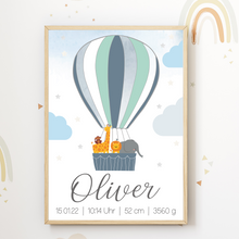 Laden Sie das Bild in den Galerie-Viewer, Geburtsposter personalisiert | Heißluftballon Safari Tiere Kinderposter Kinderzimmer Bild Babyposter
