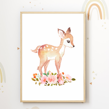 Laden Sie das Bild in den Galerie-Viewer, Reh Blumen Waldtier Bild DIN A4 Kinderzimmer Wandbild Deko Babyzimmer Poster