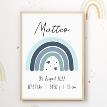 Laden Sie das Bild in den Galerie-Viewer, Blauer Regenbogen Geburtsposter Personalisiert Name Uhrzeit Größe Gewicht | Kinderzimmer Babygeschenk | Geburt Baby Poster