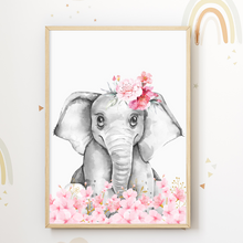 Laden Sie das Bild in den Galerie-Viewer, Süße Blumen Tiere Elefant Tiger Hase Bilder 3er Set DIN A4 Kinderzimmer Wandbilder Babyzimmer Poster Dekoration