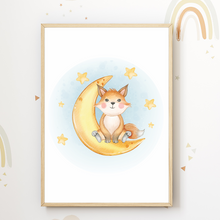 Laden Sie das Bild in den Galerie-Viewer, Fuchs Elefant Giraffe Mond 3er Set Kinderzimmer Bilder DIN A4 Wandbilder Deko Babyzimmer Poster