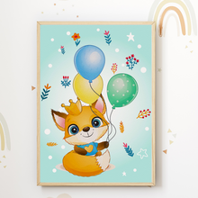 Laden Sie das Bild in den Galerie-Viewer, Luftballon Tiere Bilder 3er Set DIN A4 Kinderzimmer Wandbilder Babyzimmer Poster Dekoration - Fuchs Maus Koala