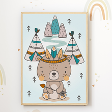 Laden Sie das Bild in den Galerie-Viewer, Indianer Waldtiere Bär Waschbär Hase Bilder 3er Set DIN A4 Kinderzimmer Wandbilder Babyzimmer Poster Dekoration