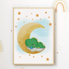 Laden Sie das Bild in den Galerie-Viewer, Dinosaurier Mond Luftballon Bilder 3er Set DIN A4 Kinderzimmer Wandbilder Babyzimmer Poster Dekoration