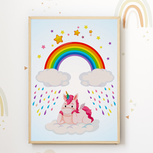 Laden Sie das Bild in den Galerie-Viewer, Einhorn Regenbogen Bilder 4er Set DIN A4 Kinderzimmer Wandbilder Babyzimmer Poster Dekoration