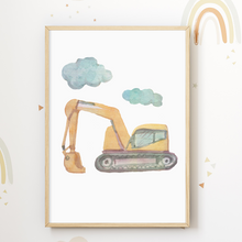 Laden Sie das Bild in den Galerie-Viewer, Bagger Bulldozer Gabelstapler 4er Set Kinderzimmer Bilder DIN A4 Poster Babyzimmer Wandbilder Dekoration Baustellenfahrzeuge