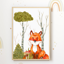 Laden Sie das Bild in den Galerie-Viewer, Niedliche Waldtiere Bilder 4er Set DIN A4 Kinderzimmer Wandbilder Babyzimmer Poster Dekoration - Reh Fuchs Bär Hase