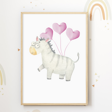 Laden Sie das Bild in den Galerie-Viewer, Luftballon Tiere 3er Set Kinderzimmer Bilder DIN A4 Poster Babyzimmer Wandbilder Dekoration - Esel Giraffe Nashorn