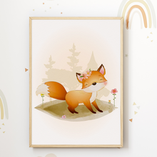 Laden Sie das Bild in den Galerie-Viewer, Waldtiere Fuchs Eichhörnchen Bär Hase Bilder 3er Set DIN A4 Kinderzimmer Wandbilder Babyzimmer Poster Dekoration