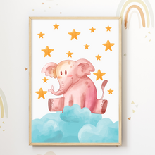 Laden Sie das Bild in den Galerie-Viewer, Elefant Zebra Löwe Nilpferd Sterne Wolken 4er Set Kinderzimmer Bilder DIN A4 Poster Babyzimmer Wandbilder Dekoration