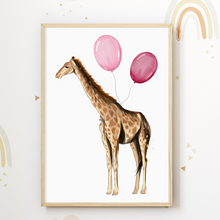 Laden Sie das Bild in den Galerie-Viewer, Niedliche Safari Tiere Luftballon Bilder 3er Set DIN A4 Kinderzimmer Wandbilder Babyzimmer Poster Dekoration - Giraffe Elefant Zebra