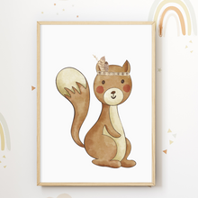 Laden Sie das Bild in den Galerie-Viewer, Indianer Waldtiere 4er Set Kinderzimmer Bilder DIN A4 Poster Babyzimmer Wandbilder Dekoration - Eichhörnchen Bär Hase Elch