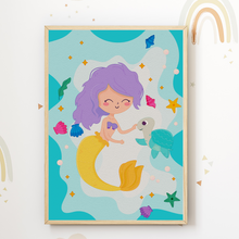Laden Sie das Bild in den Galerie-Viewer, Meerjungfrau Meerestiere Bilder 4er Set DIN A4 Kinderzimmer Wandbilder Babyzimmer Poster Dekoration