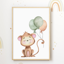 Laden Sie das Bild in den Galerie-Viewer, Tiere Luftballon Bilder 4er Set DIN A4 Kinderzimmer Poster Babyzimmer Wandbilder Dekoration - Affe Löwe Koala Giraffe