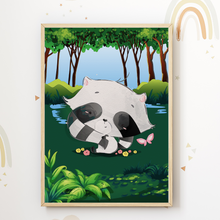 Laden Sie das Bild in den Galerie-Viewer, Waschbär Reh Eichhörnchen Hase Waldtiere Bilder 4er Set DIN A4 Kinderzimmer Wandbilder Babyzimmer Poster Dekoration