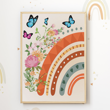 Laden Sie das Bild in den Galerie-Viewer, Regenbogen Schmetterling Blumen Bilder 3er Set DIN A4 Kinderzimmer Wandbilder Babyzimmer Poster Dekoration