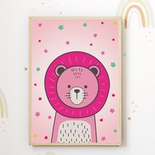 Laden Sie das Bild in den Galerie-Viewer, Rosa Tiere Bilder 3er Set DIN A4 Kinderzimmer Wandbilder Babyzimmer Poster Dekoration Löwe Tiger Fuchs