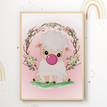 Laden Sie das Bild in den Galerie-Viewer, Schaf Küken Hase Kuh Kaugummi Bilder 4er Set DIN A4 Kinderzimmer Wandbilder Babyzimmer Poster Dekoration
