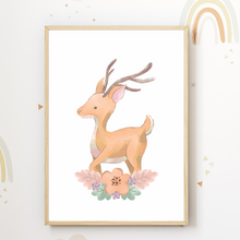 Laden Sie das Bild in den Galerie-Viewer, Waldtiere Reh Hase Blumen 4er Set Kinderzimmer Bilder DIN A4 Wandbilder Deko Babyzimmer Poster