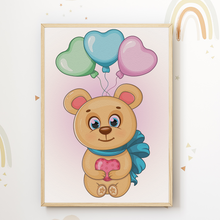 Laden Sie das Bild in den Galerie-Viewer, Tiere mit Luftballons Bilder 3er Set DIN A4 Kinderzimmer Wandbilder Babyzimmer Poster Dekoration Bär Elefant Giraffe