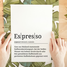 Laden Sie das Bild in den Galerie-Viewer, Espresso Poster Definition - Kaffee Wandbild Barista Küche Wanddeko Kaffeeliebhaber Geschenk
