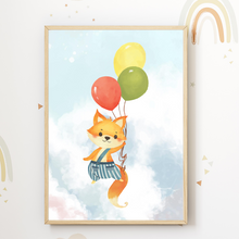 Laden Sie das Bild in den Galerie-Viewer, Fuchs Luftballon Kinderzimmer Bild DIN A4 Poster Babyzimmer Wandbild Dekoration