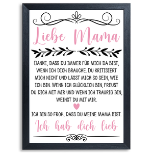 Liebe Mama Poster Kunstdruck DIN A4 Danksagung Muttertag Geschenk Dankeschön Beste Mutter Wandbild Mama Geburtstag Weihnachten