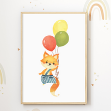 Laden Sie das Bild in den Galerie-Viewer, Luftballon Tiere 3er Set Kinderzimmer Bilder DIN A4 Poster Babyzimmer Wandbilder Dekoration - Fuchs Affe Elefant
