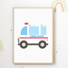 Laden Sie das Bild in den Galerie-Viewer, Krankenwagen Feuerwehr Polizei Taxi Autos 4er Set Kinderzimmer Bilder DIN A4 Poster Babyzimmer Wandbilder Dekoration