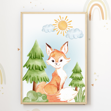 Laden Sie das Bild in den Galerie-Viewer, Waldtiere Fuchs Eichhörnchen Bär Hase Bilder 3er Set DIN A4 Kinderzimmer Wandbilder Babyzimmer Poster Dekoration