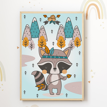 Laden Sie das Bild in den Galerie-Viewer, Indianer Waldtiere Bär Waschbär Hase Bilder 3er Set DIN A4 Kinderzimmer Wandbilder Babyzimmer Poster Dekoration