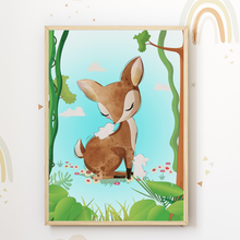 Laden Sie das Bild in den Galerie-Viewer, Waschbär Reh Eichhörnchen Hase Waldtiere Bilder 4er Set DIN A4 Kinderzimmer Wandbilder Babyzimmer Poster Dekoration