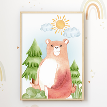 Laden Sie das Bild in den Galerie-Viewer, Waldtiere Fuchs Eichhörnchen Bär Hase Bilder 3er Set DIN A4 Kinderzimmer Wandbilder Babyzimmer Poster Dekoration