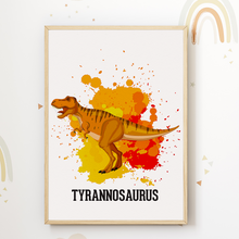 Laden Sie das Bild in den Galerie-Viewer, Dinosaurier Carnotaurus Trex Velociraptor Mosasaurus Bilder 4er Set DIN A4 Kinderzimmer Wandbilder Babyzimmer Poster Dekoration