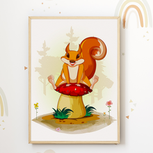 Laden Sie das Bild in den Galerie-Viewer, Waldtiere Fuchs Eichhörnchen Bär Hase Bilder 3er Set DIN A4 Kinderzimmer Wandbilder Babyzimmer Poster Dekoration