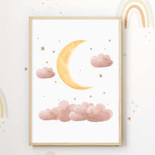 Laden Sie das Bild in den Galerie-Viewer, Pastell Weltraum Stern Mond Regenbogen Rakete Bilder 6er Set DIN A4 Kinderzimmer Wandbilder Babyzimmer Poster Dekoration