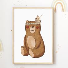Laden Sie das Bild in den Galerie-Viewer, Indianer Waldtiere 4er Set Kinderzimmer Bilder DIN A4 Poster Babyzimmer Wandbilder Dekoration - Eichhörnchen Bär Hase Elch