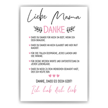 Laden Sie das Bild in den Galerie-Viewer, Danke Mama Bild DIN A4 Poster Kunstdruck personalisierbar Muttertag Geschenk Danksagung Beste Mutter Wandbild