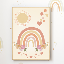Laden Sie das Bild in den Galerie-Viewer, Waldtiere Bilder 6er Set DIN A4 Kinderzimmer Wandbilder Babyzimmer Poster Dekoration - Boho Regenbogen Hase Igel Bär Waschbär