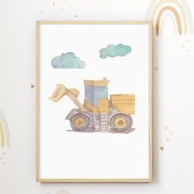 Laden Sie das Bild in den Galerie-Viewer, Bagger Bulldozer Gabelstapler 4er Set Kinderzimmer Bilder DIN A4 Poster Babyzimmer Wandbilder Dekoration Baustellenfahrzeuge
