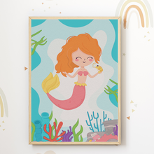 Laden Sie das Bild in den Galerie-Viewer, Meerjungfrau Meerestiere Bilder 4er Set DIN A4 Kinderzimmer Wandbilder Babyzimmer Poster Dekoration