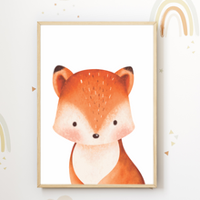 Laden Sie das Bild in den Galerie-Viewer, Waldtiere 6er Set Kinderzimmer Bilder DIN A4 Wandbilder Deko Babyzimmer Poster - Bär Fuchs Reh Waschbär Eichhörnchen Hase