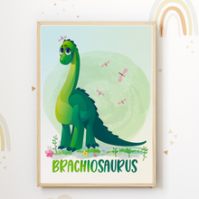 Laden Sie das Bild in den Galerie-Viewer, Dinosaurier Bilder 4er Set DIN A4 Kinderzimmer Wandbilder Babyzimmer Poster Dekoration Trex Brachiosaurus Triceratops Pteranodon