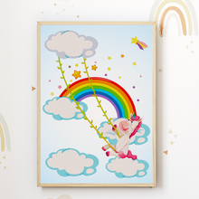Laden Sie das Bild in den Galerie-Viewer, Einhorn Regenbogen Bilder 4er Set DIN A4 Kinderzimmer Wandbilder Babyzimmer Poster Dekoration